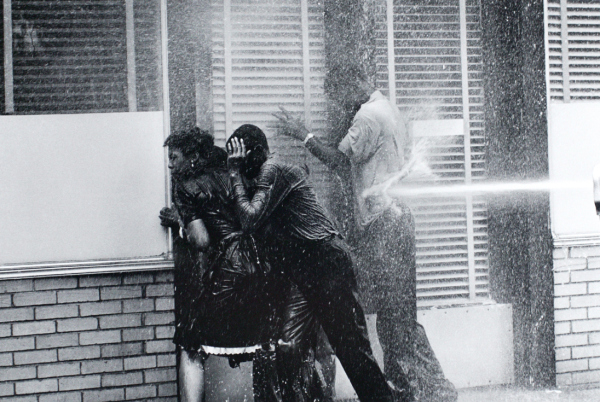 Student civil rights protesters blasted with water hose by authorities, Birmingham, Alabama, 1963