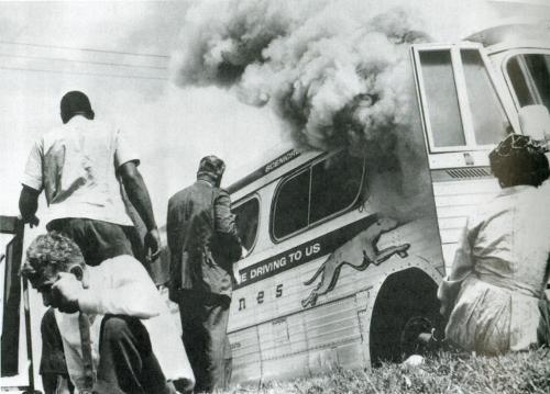Freedom Riders, after their bus was attacked and set aflame by a white supremacist mob near Anniston, Alabama, 1961