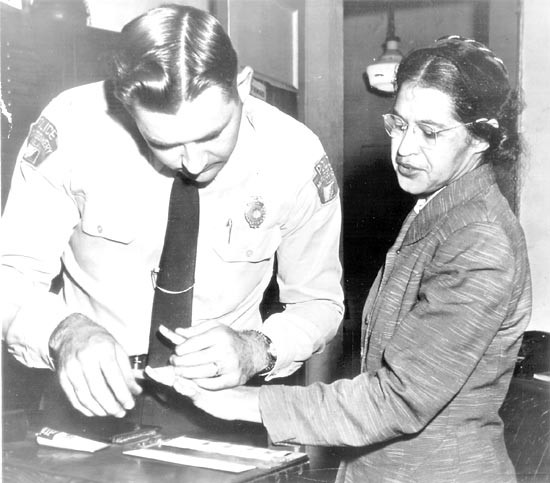 Rosa Parks, being fingerprinted after refusing to give up her bus seat to a white man, Montgomery, Alabama, 1955. I assume even Warrenn Farrell has heard of her. 